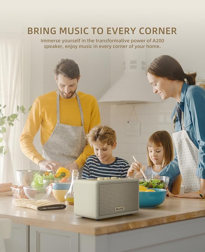 MLOVE A200 Portable Retro Bluetooth Speaker with Aux Input, USB Port, Micro SD Card Slot - Decorative Wireless Bookshelf Speakers for Home & Office, Battery Powered, White and Gold