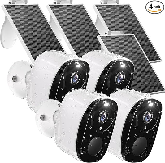4pcs Security Camera Wireless Outdoor,2K Solar Camera for Home Security, Battery Powered Wifi Security Camera with Solar Panel,Color Night Vision, AI Detection,2-Way Audio, IP65,SD/Cloud, Works Alexa