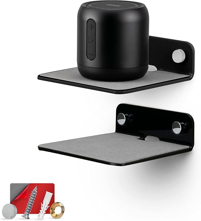 BRAINWAVZ 2-Pack 4” Small Floating Shelf Bluetooth Speaker Stand, Adhesive & Screw Wall Mount, Anti Slip, for Cameras, Baby Monitors, Webcam, Router & More, Universal Holder (SHELF11 Black)
