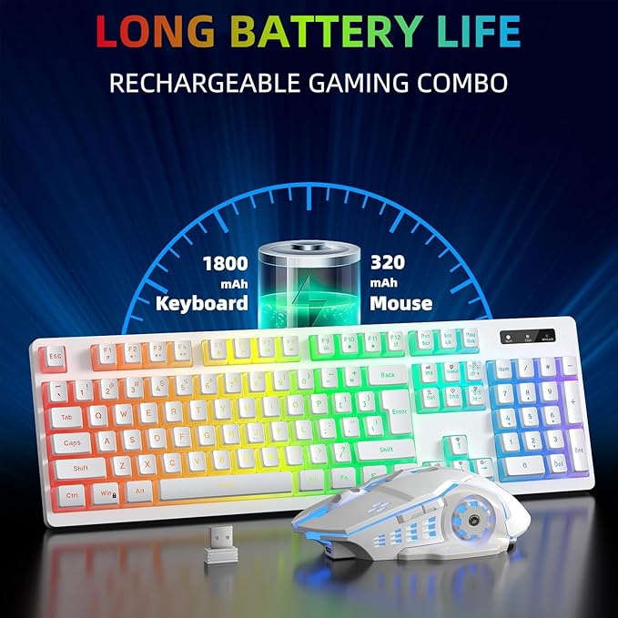 Wireless Gaming Keyboard and Mouse Combo - RGB Backlit, Rechargeable, Ergonomic, for Gaming Work, Long-Lasting Built-in Battery (White)