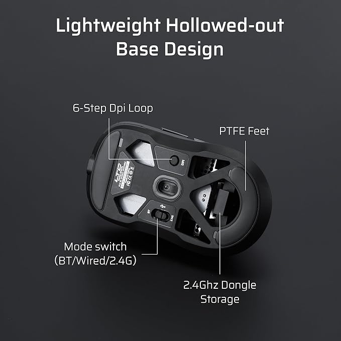 LTC GM024 Tri-Mode Wireless Gaming Mouse, 59g Ultra-Light Ergonomic Gaming Mouse 2.4Ghz/BT/Wired, 6-Level DPI 4800 Max, 1000Hz, 5 Programmable Buttons, Pro Software