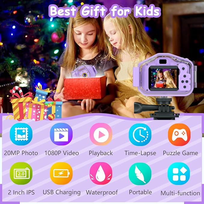 DEKER Kids Waterproof Camera, Christmas Birthday Gifts for Boys Girls Toys 3-12 Year Old, Underwater Mini Children HD Digital Action Camcorder, 2 Inch IPS Screen with 32GB Card (Lavender)