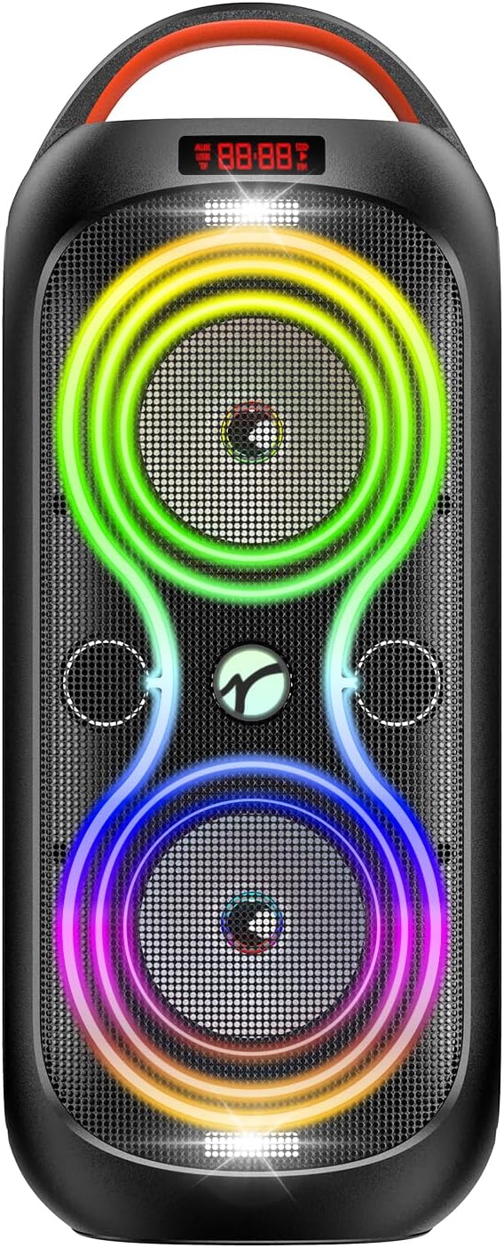 Portable Bluetooth Speaker 120dB Loud Sound, Wireless Big Party Speakers with RGB LED Lights, Dual 4" Speakers, FM Radio, USB, TF Card, AUX, Mic Input, TWS Pairing for Outdoor & Camping, Rechargeable