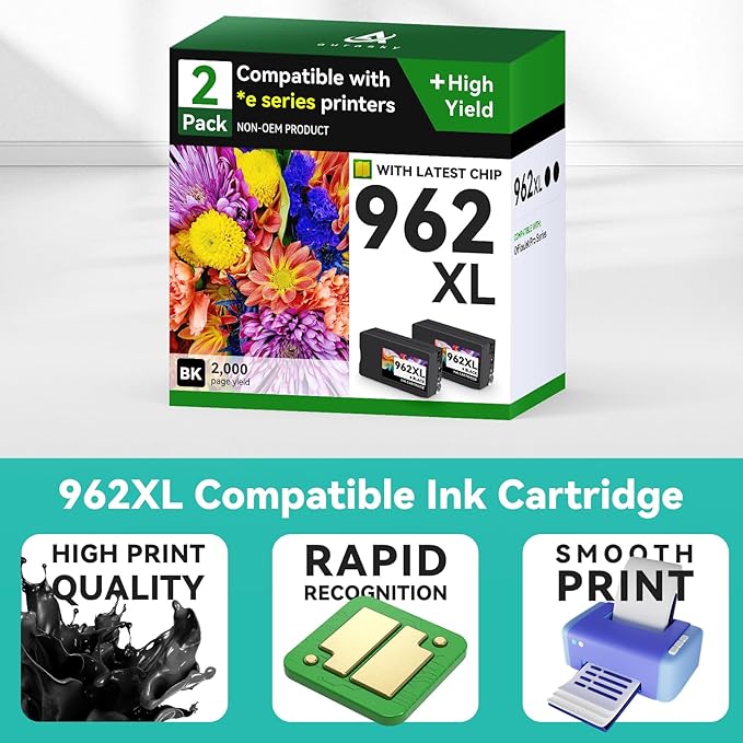 962XL Remanufactured Ink Cartridges Combo Pack Compatible for HP 962 XL HP962XL Black Replacement for HP OfficeJet Pro 9010e 9012e 9014e 9015e 9018e 9019e 9020e 9022e 9025e 9028e Series (2 Pack)