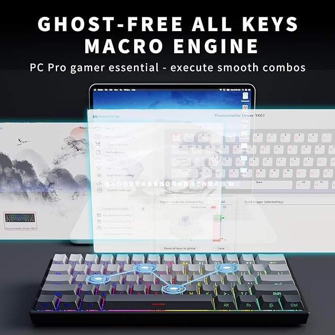 Mini 60% Mechanical Gaming Keyboard Wired, YK61 Hall Effect Magnetic Switch, Adjustable Actuation Rapid Trigger Mode, 8K Hz Polling Rate, Hot-Swap, 61 Keys RGB Backlit Side Printed PBT Keycaps