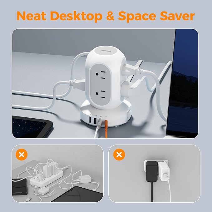 Surge Protector Power Strip Tower, TESSAN Flat Plug Extension Cord 10FT with 8 AC Outlets 4 USB Ports (1 USB C), 1050J Protection Charging Station for Home, Office Supplies, Dorm Room Essentials