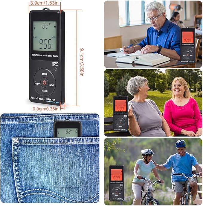 Aircraft Band Radio Receiver, Hand-held AM FM Portable FM/AM/AIR Band Radio with Backlit LCD Display, Earphone and Sleep Timer, Built‑in 400mAh Lithium Battery