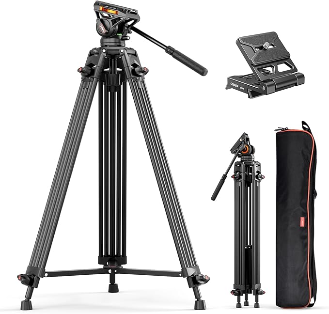 Video Tripod, COMAN 74" Professional Metal Heavy Duty Camera Tripods with Adjustable Damping Fluid Head, Dual-Mode QR Plate Compatible with DJI RS4 Manfrotto (Q6 New Fluid Head)