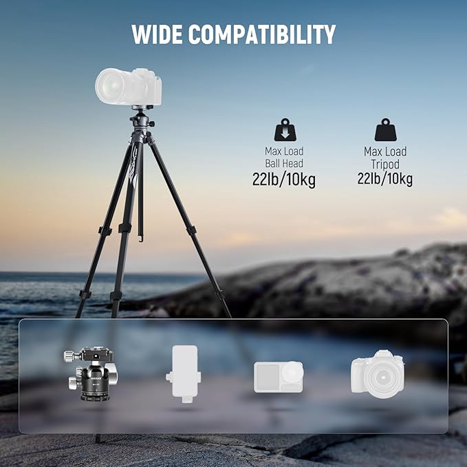 NEEWER LITETRIP LT07 61" Aluminum Travel Camera Tripod, Portable Stand with Ball Head Dual Axis Cell Phone Holder Arca QR Plate Compatible with iPhone Peak Design V3 for Video Recording, Max Load 22lb