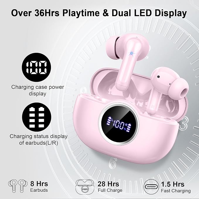 Wireless Earbuds, 2025 Bluetooth 5.4 Headphones Hi-Fi Stereo Ear Buds, 4 ENC Noise Cancelling Mic, 40+Hrs USB-C in-Ear Earphone, IP-X7 Waterproof Sport Workout Gym for Laptop Pad Android iOS