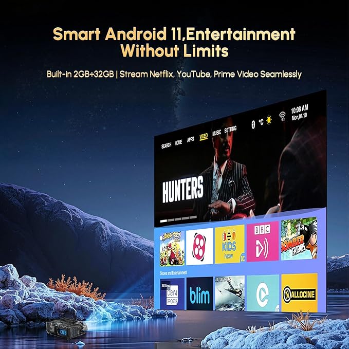 4K Home Cinema Smart Projector with HDR 10, Bluetooth, MEMC, WLAN, HDMI 2.1, NFC, Brighter True Daylight Video Projectors Streaming Apps for Outdoor Movies Gaming Office Classroom Art-tracing