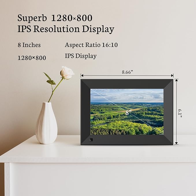 BSIMB 8 Inch Digital Picture Frame Touch Screen, 1280x800 HD WiFi Electronic Photo Frame Album Display 16GB, Share Pictures/Videos via App/USB/SD Easy Setup Gifts for Mom, Auto-Rotate, Solid Black