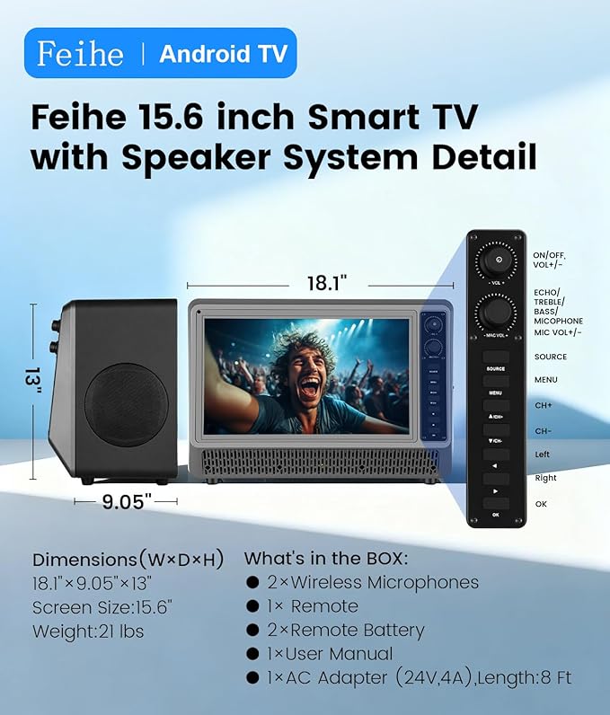 Feihe 15.6 inch Small Smart TV with Speaker System, Loud Portable Bluetooth Speaker Design Retro Android TV,Karaoke Wireless Microphones, Support HDMI/AUX/USB for Home Party Camping
