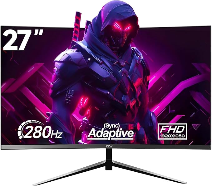 ZZA 27 Inch Gaming Monitor 280Hz 240Hz 1080p 1ms VRB Blue Light Shift Machine Black Curved 100% sRGB, Adaptive FreeSync,Display Port DP HDMI VESA Mounting Compliant