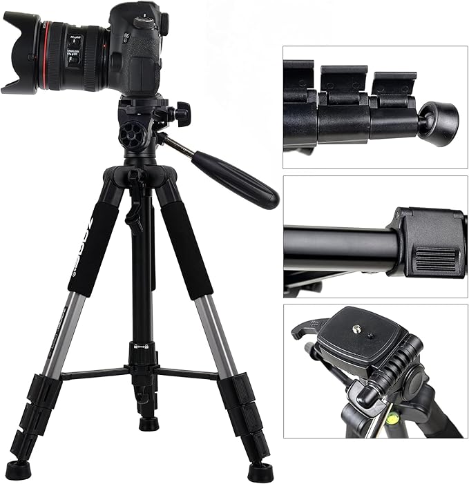 Camera Tripod, ZOMEI Q111 55-inch Smartphone Tripod Flexible Aluminum Travel Tripod with 3-Way Pan Head and Phone Holder, for Photography YouTube Smartphones Cameras and LED Ring Light (Silver)