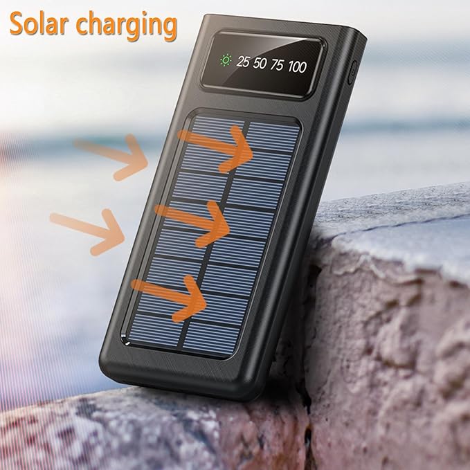 Power-Bank-Solar-Charger - 20000mAh Portable Charger,Solar Power Bank,Camping External Backup Battery Pack,Fast Solar Panel Charger with Dual Flashlight and 4 USB Cables (Black)
