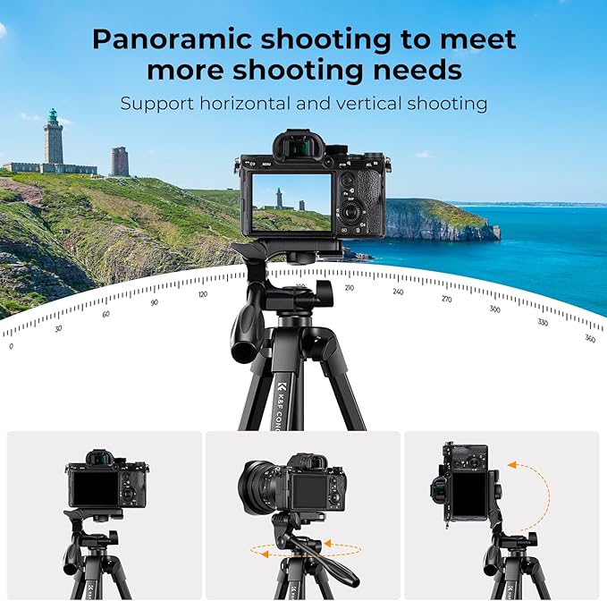 K&F CONCEPT 60'' Portable Travel Tripod, 1.34 lbs Ultra Lightweight with Remote and Cellphone Holder, 360° Panorama, Cold Shoe Interface, Portable for Travel - B174A1