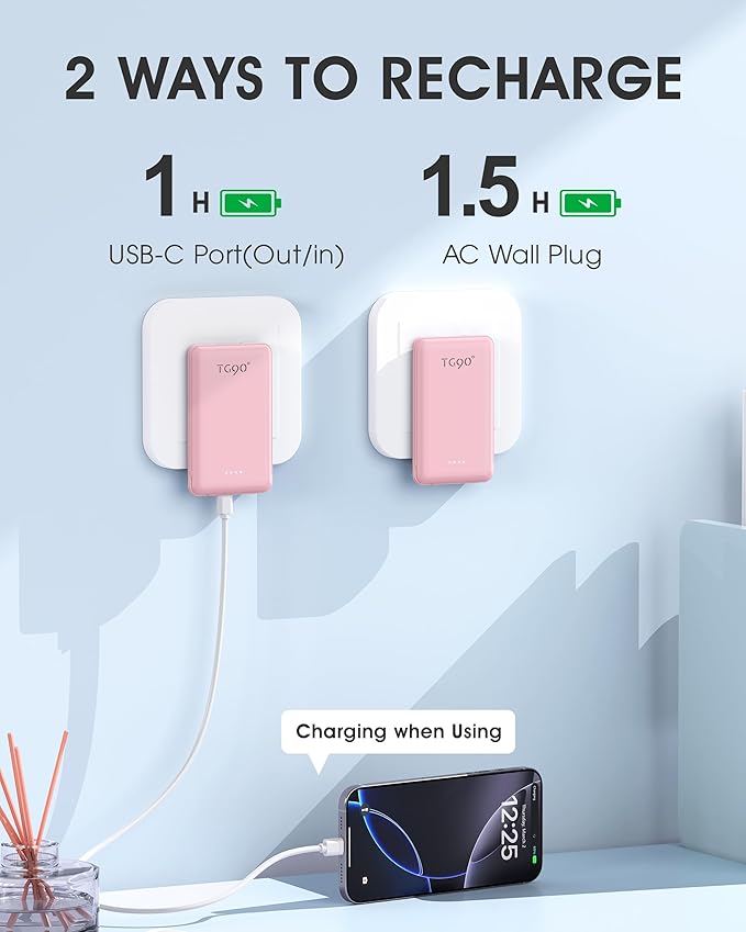 TG90° 2 Pack Portable Charger Power Bank, 5000mAh External Battery Pack with Built-in Foldable AC Wall Plug and Cables, Small USB C Charger Compatible with iPhone and Android Devices
