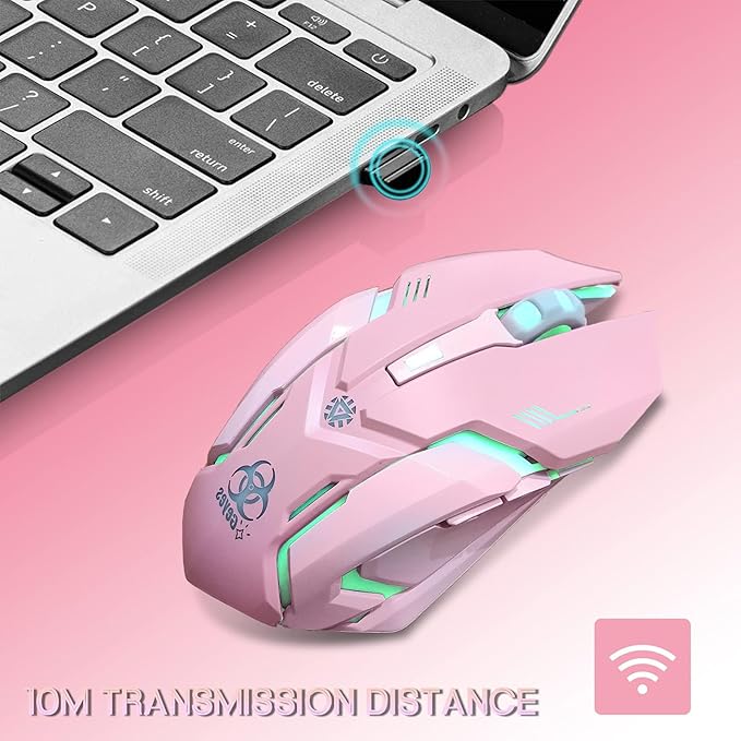 VEGCOO Pink Wireless Gaming Mouse, Silent Click Wireless Mouse with Colorful RGB LED Lights, Rechargeable Computer Mice with Side Buttons and 3 Level DPI, for Laptop and Desktop