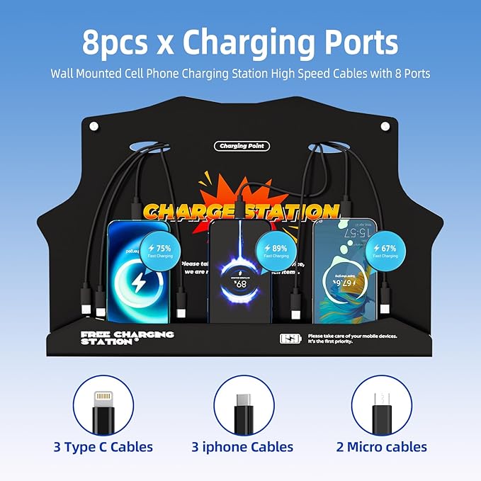 Wall Mounted Cell Phone Charging Station with 8-Port High-Speed Cables – Universal Dock for Apple, Type-C & Android Devices – Ideal for Airports, Hotels, Malls, Offices, Schools (Black)