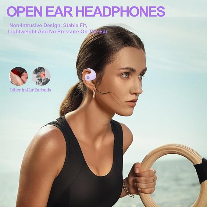 Open Ear Headphones Wireless Bluetooth 5.4, OWS Hanging Earphones Wireless Earbuds with Earhooks and Mic, IPX5 Waterproof, 48H Range, Out of Ear Earbuds for Sports Running Workout Driving(Purple)