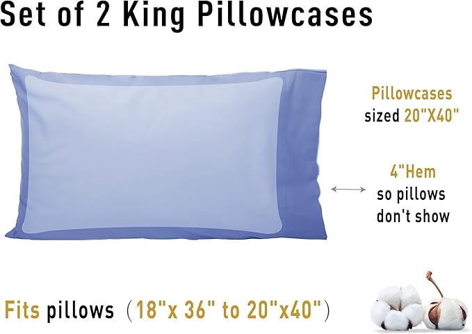 Sunflower King Pillowcases Set of 2, 100% Cotton King Size Pillow Cases 2, 20×40 inches Purplish Blue, Soft and Breathable