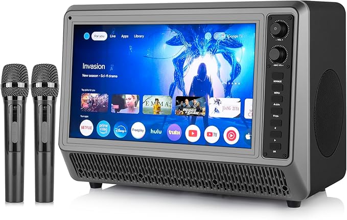 Feihe 15.6 inch Small Smart TV with Speaker System, Loud Portable Bluetooth Speaker Design Retro Android TV,Karaoke Wireless Microphones, Support HDMI/AUX/USB for Home Party Camping