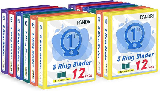 3 Ring Binder 1 Inch, PANDRI 12 Pack 1-Inch Binder Fits Letter Size 8.5'' x 11'' Paper, Versatile Binders for Office Home School, 2 Pockets, Assorted 6 Color