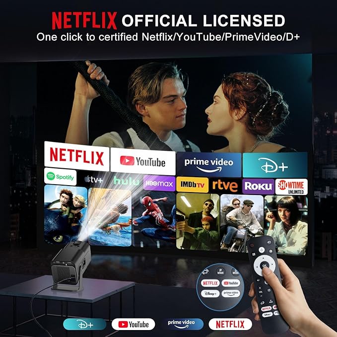 [ 2025 Netflix Licensed ] 4K Projector with Wifi Bluetooth, Android 13 Smart Projector w Built-in Netflix/YouTube/PrimeVideo/D+, Auto Keystone, 1080P Native Mini Portable Projector for Outdoor Movies