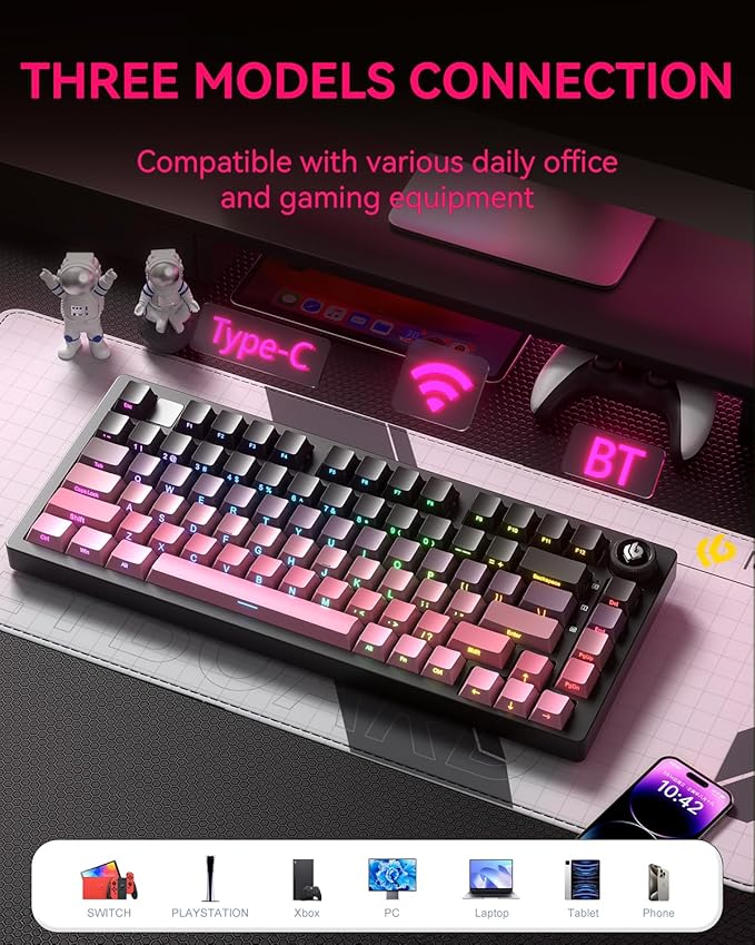 Wireless Mechanical Keyboard,75% Gasket Hot Swappable Custom Keyboard with Knob, 2.4GHz/USB-C/BT5.0 Mechanical Gaming Keyboards for PC/MAC/Windows - Seiya Switch, Black Pink (HI75C Pro)