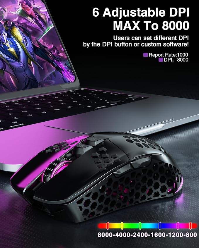 SM600 Honeycomb Shell Gaming Mouse Wireless,Tri-Modes BT5.1/2.4G Wireless/Type-C Wired Gamer Mouse with 2 Side Buttons, Macro Programmable and RGB Light for PC/Mac/Laptop,Black