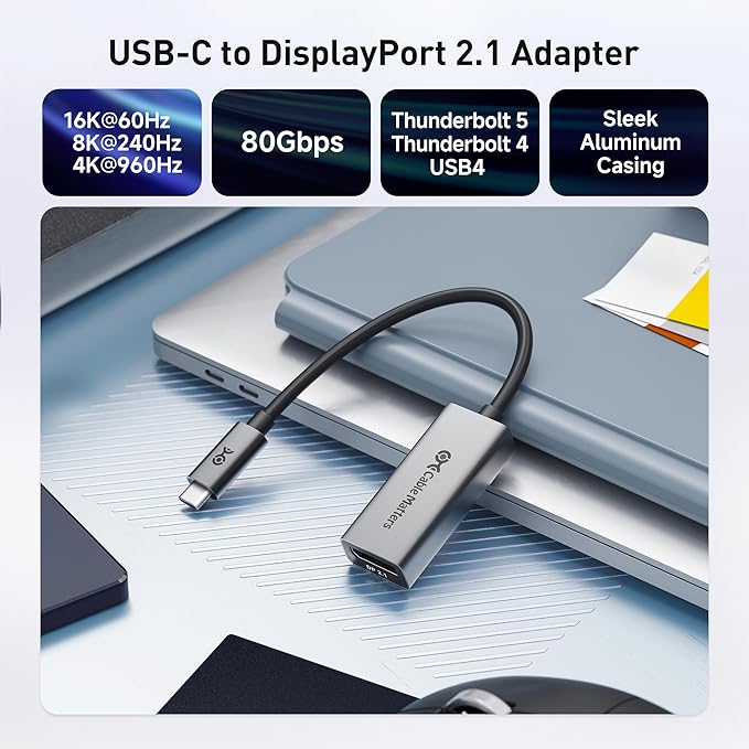 Cable Matters 80Gbps Unidirectional USB C to DisplayPort 2.1 Adapter, [16K@60Hz, 8K@240Hz, 4K@960Hz and HDR], Thunderbolt 5/4, USB4 Compatible with VR Headset, MacBook, iPad Pro, XPS, Surface Pro