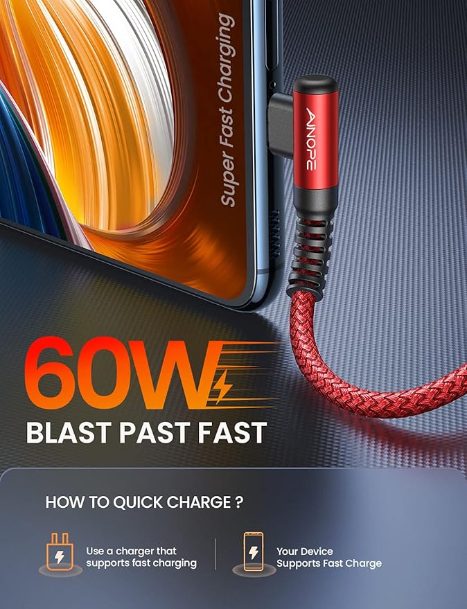 AINOPE USB C Cable 60W 2-Pack 10ft Nylon Braided USB C to USB C Cable Type C Charger Fast Charging Right Angle USBC Cable Charger Cord for iPhone 16 Pro Max 15 Plus Samsung S24 S23 iPad Pro Red