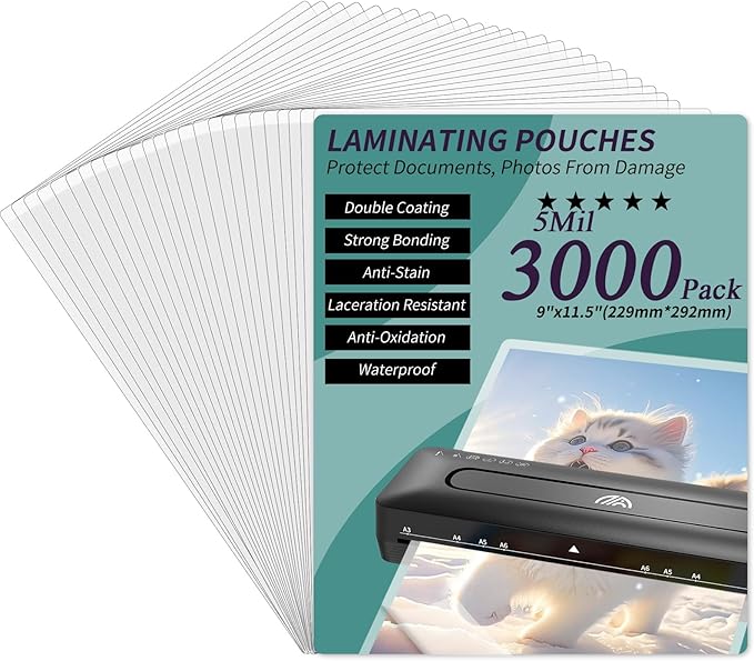 Laminating Sheets - 5Mil Thermal Laminating Pouches, 9"x11.5" Clear Laminate Sheets for Schedules, Menus, Certificates, Art Drawings, Round Corner, 3000 Pack