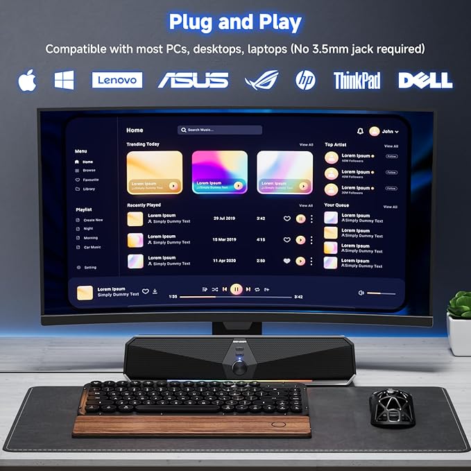 SENZER CS30 Bluetooth Computer Speakers for Desktop, USB Plug & Play PC Speakers with Dynamic LED Light, Stereo Sound Soundbar for Desktop Laptop Monitor (USB-C Adapter Included)