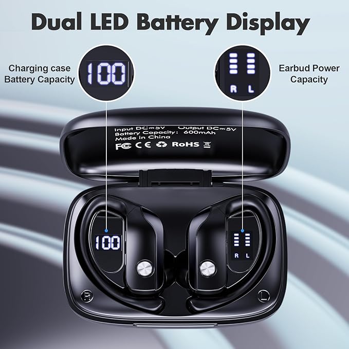 Wireless Earbuds Bluetooth Headphones 48Hrs Play Back Sports Earphones with LED Display Built in Mic Deep Bass Stereo in Ear Waterproof Headset for Workout Gaming Running