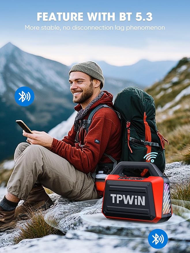 Portable Bluetooth Speakers - Wireless Speaker 80W Peak, Loud Speaker with Light, Strong Bass, BT 5.3, TWS, IPX6 Waterproof, 20H Playtime for Home Party Outdoor Beach Camping - Red