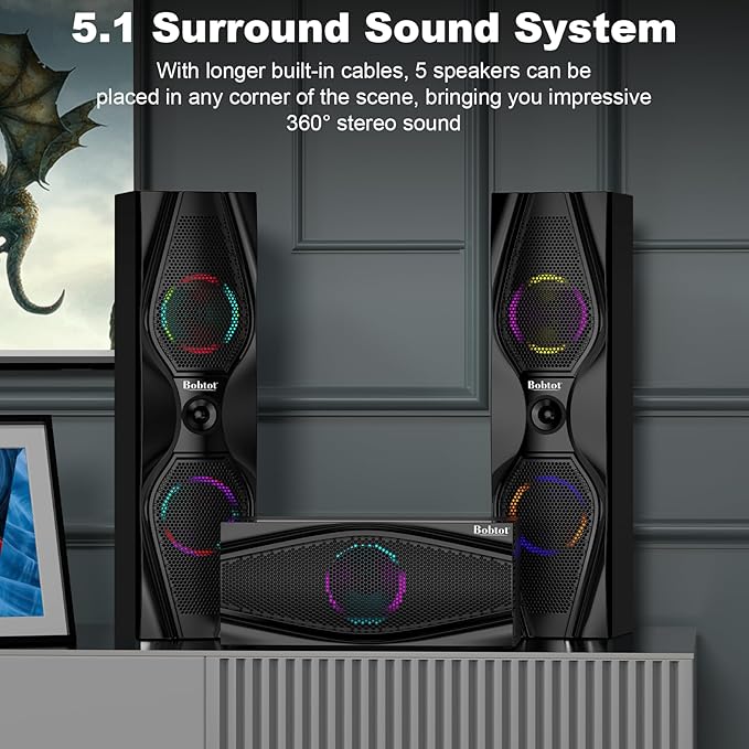 Bobtot Surround Sound Systems Home Theater System - 1200 Watts Peak Power 10" Subwoofer 5.1/2.1 Wired Audio Stereo Speakers Strong Bass with HDMI ARC Optical AUX Bluetooth Input