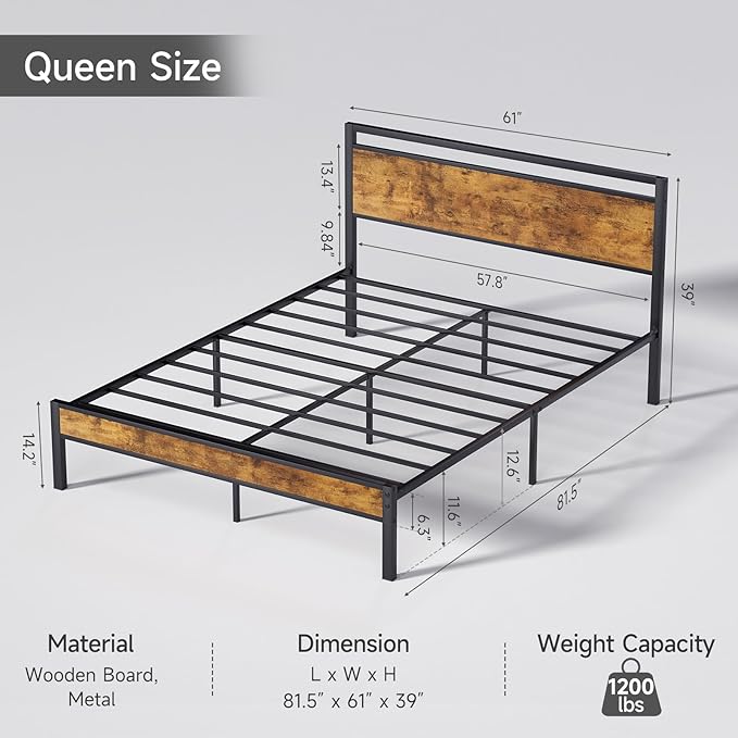 Z-hom Queen Bed Frame with Modern Wood Headboard & Footboard, Upgraded Heavy Duty Metal Sturdy Bed Frame Queen Size, Stable Platform Bed Furniture Bed Storage, No Noise, No Box Springs, Vintage Brown