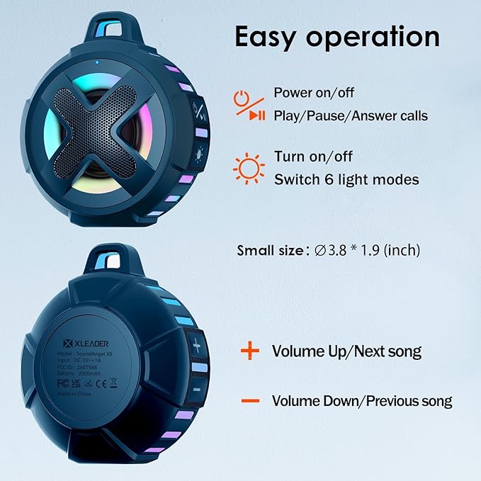 XLEADER X8, Upgraded, Portable Bluetooth Speaker, Certified IP67 Waterproof Shower Speaker, Silicone Case, 10W Bass, 24Hrs Playtime, Small, Floating, RGB Lights, Clip, for Pool Beach Kayak, Sea Blue