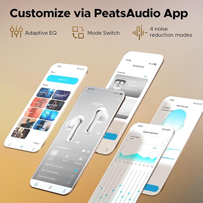 SoundPEATS Air5 Pro Hi-Res Wireless Earbuds, LDAC & aptX Lossless, 10mm Hi-Fi Driver, Snapdragon Sound, Adaptive ANC, 37H Battery, BT 5.4, IPX5 Waterproof, Multipoint Connection