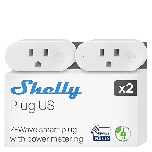 Shelly Wave Plug US LR | Z-Wave Long Range Smart Plug with Power Monitoring 15 A | Home Automation | iOS Android App | Low Power Consumption | Smart Schedules & Scenes | Bulletproof Security (2 Pack)