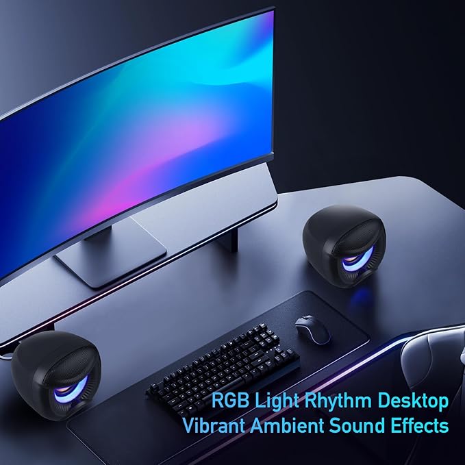 USB Computer Speakers for RGB Lighting, PC Speakers with a USB-C Interface are Suitable for Desktop Laptop Monitor, Owl Eye Design, Blue Lights