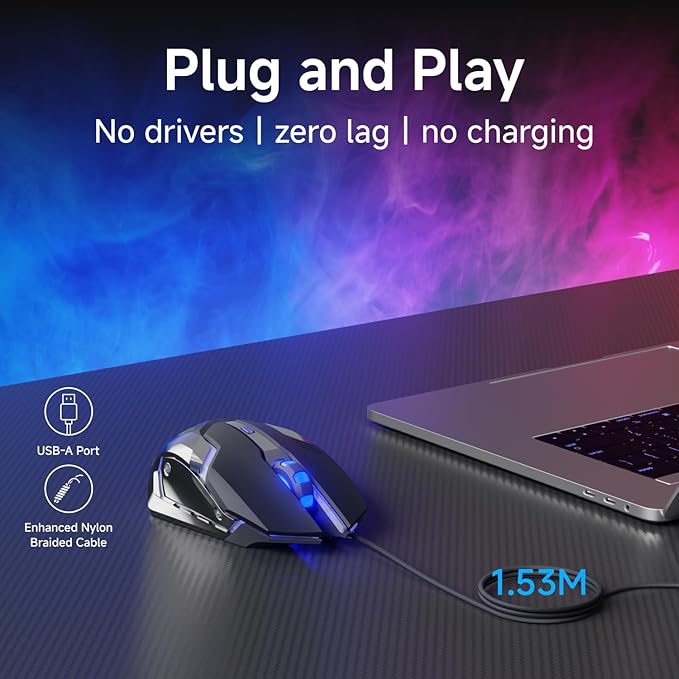 EWEADN G3 Wired Gaming Mouse, 2400 DPI Wired Optical Mouse with 6 Programmable Macro Buttons, Metal Base, 4-Color Breathing Light for PC/Laptop/Windows-Black