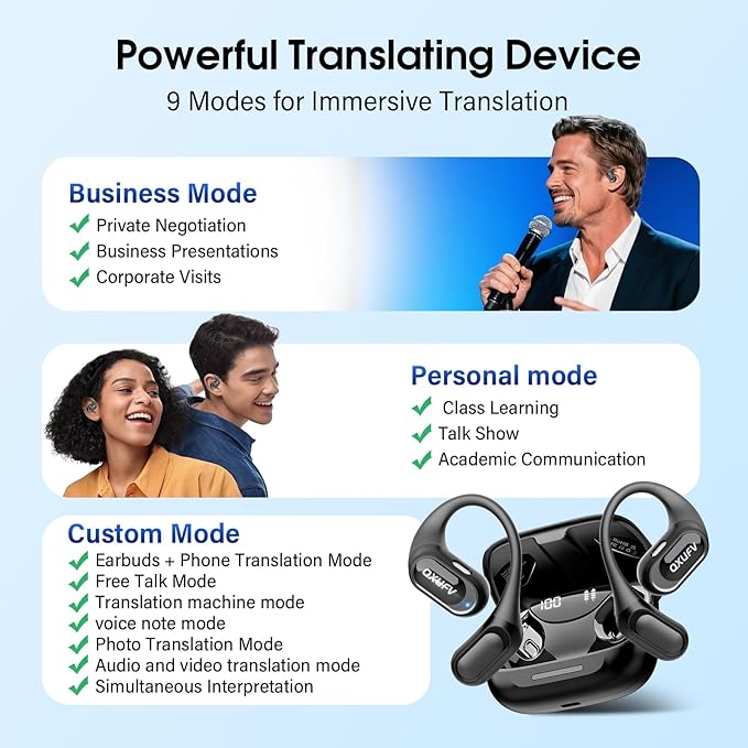 AI Translation Earbuds Real Time with Audio and Video Calls, 164 Language/7 Translation Modes Translator Earbuds Bluetooth 5.4 with APP, 50H Translate Ear Buds Device for Business/Learning/Travel