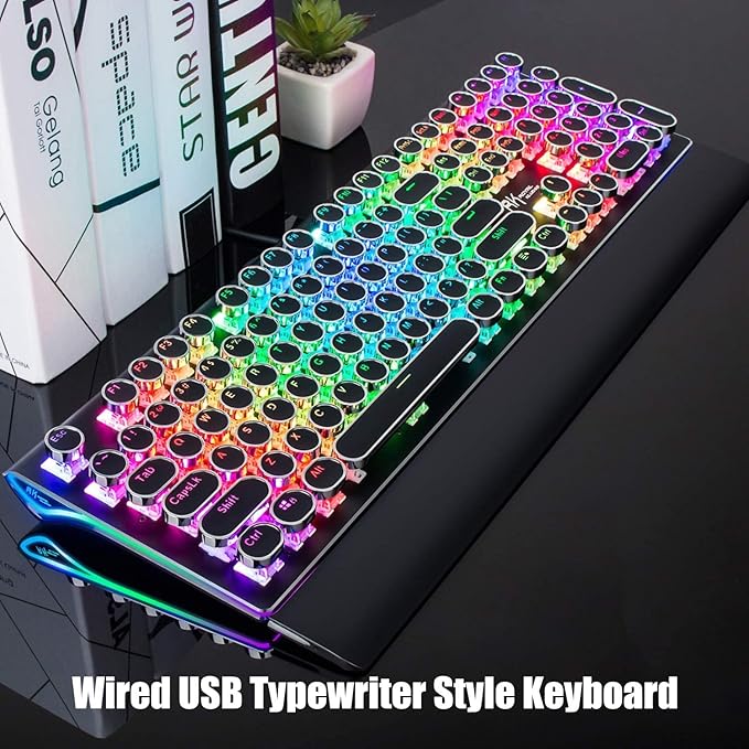 RK ROYAL KLUDGE S108 Typewriter Keyboard, Retro Mechanical Gaming Keyboard Wired 108 Keys with RGB Backlit Sidelight, Detachable Wrist Rest, Round Keycaps Blue Switches - Black