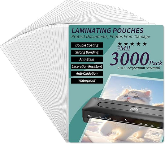 Laminating Sheets - 3Mil 3000 Pack Thermal Laminating Pouches, 9"x11.5" Clear Laminate Sheets for Schedules, Menus, Certificates, Art Drawings, Round Corner