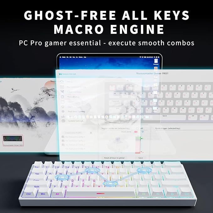 Mini 60% Mechanical Gaming Keyboard Wired, YK61 Hall Effect Magnetic Switch, Adjustable Actuation Rapid Trigger Mode, 8K Hz Polling Rate, Hot-Swap, 61 Keys RGB Backlit Side Printed PBT Keycaps (White)