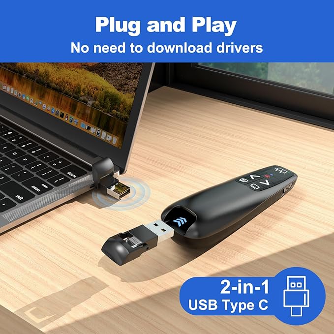 Rechargeable Presentation Clicker with Case, Power Digital Display Wireless Presenter Remote, USB C Red Light Pointer Computer PowerPoint PPT Clickers for Mac Laptop, Slideshow Google Slide Advancer