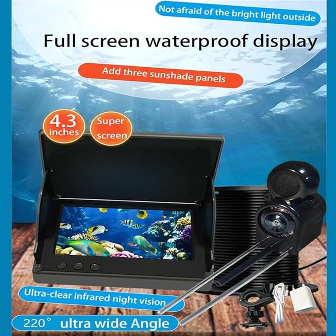 Colitt- Underwater Fishing Camera, Fishing Monitor Underwater Camera with Infrared Night Vision Light, Fishing Monitor Underwater Camera, Ip68 Waterproof, 220° Wide View and 4k Screen(20m/65ft,4.3in)